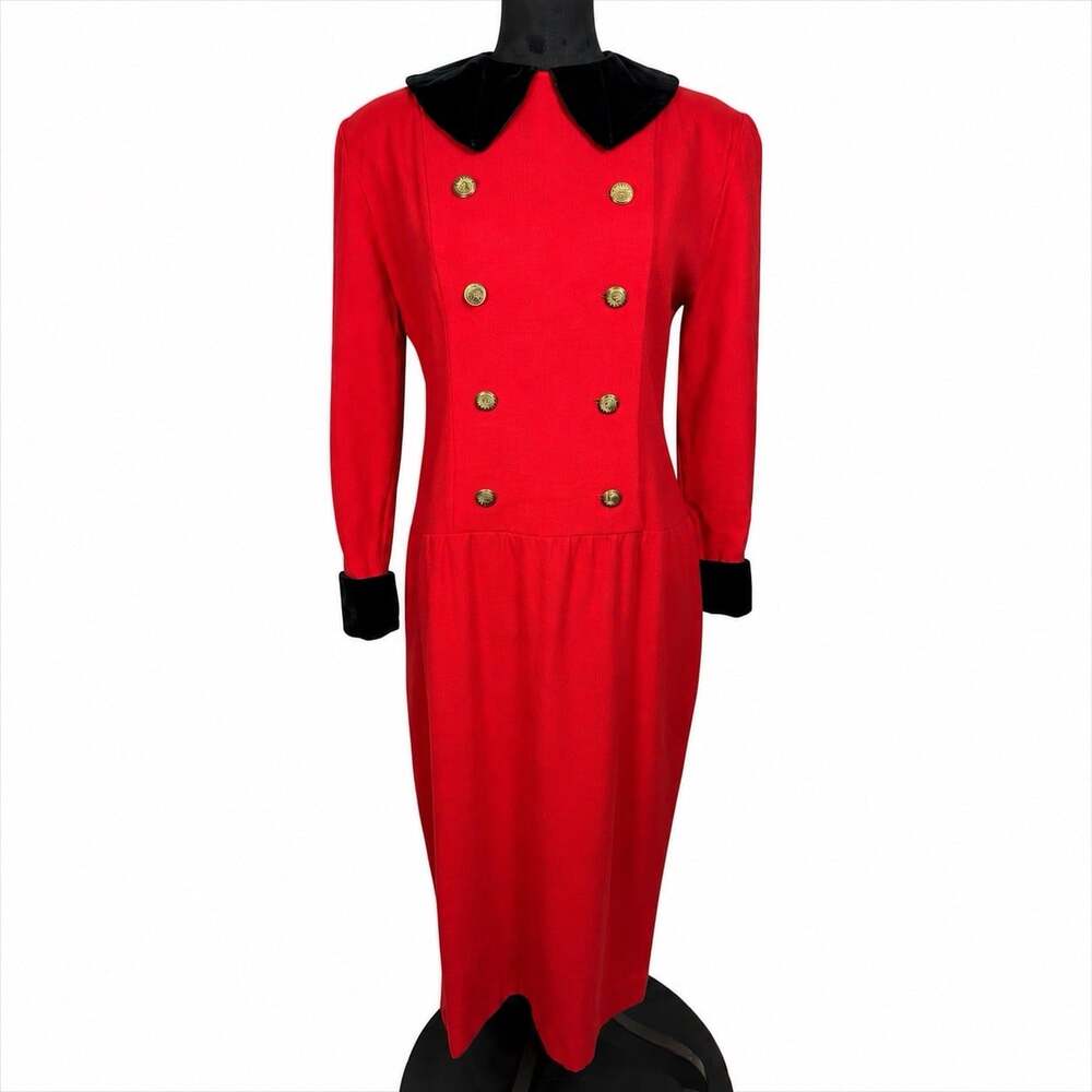 Vintage Albert Nipon Executive Dress 100% Wool Velvet Collar Cuffs Size 4 Red